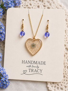 New Handmade Gold-Tone Earrings and Real Forget-Me-Not Flower Necklace Set (V1)